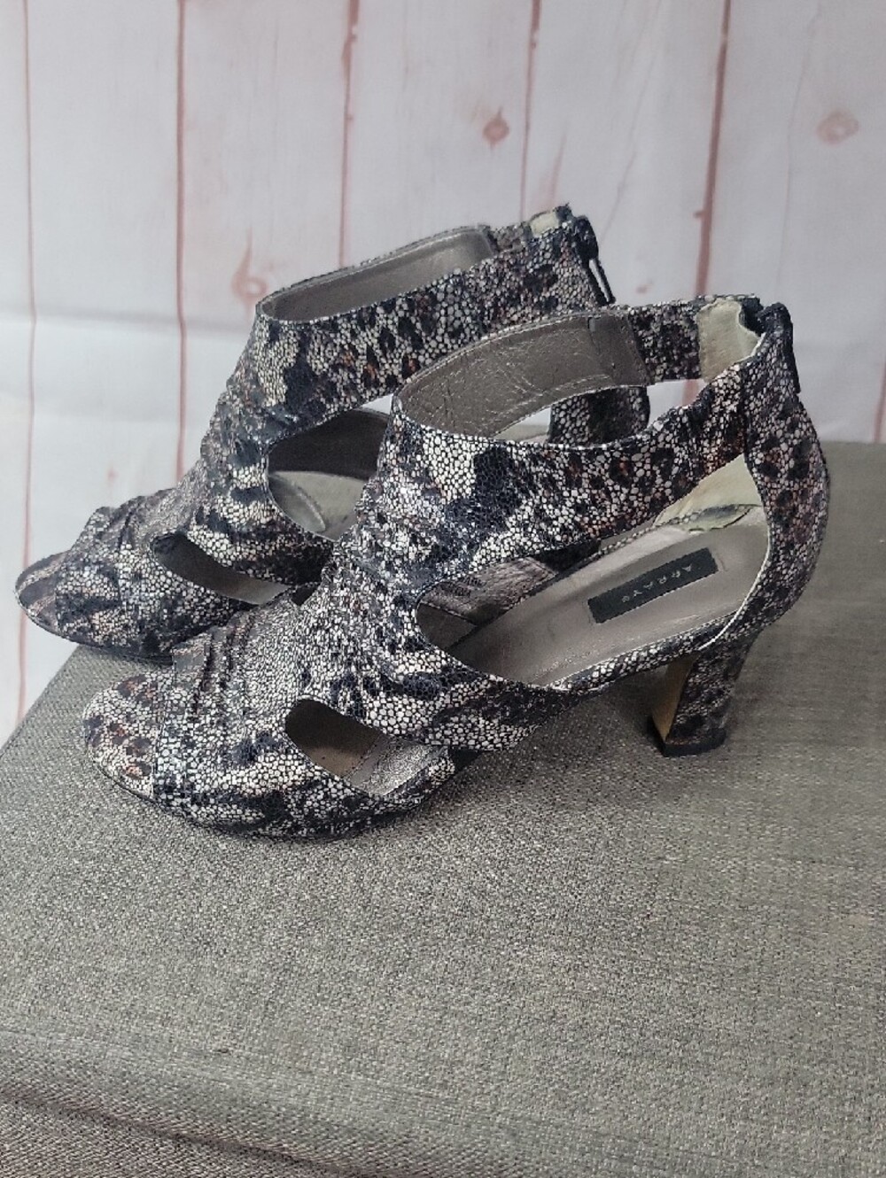 Array Women's Snake-Print Peep-Toe Heels in Black and Brown Tones - Picture 7 of 7